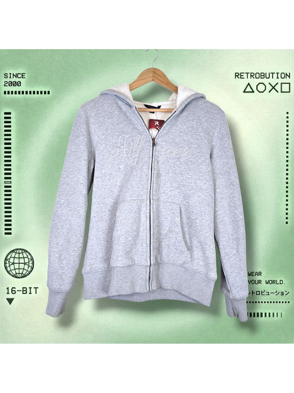 Y2K Tommy Hilfiger Fleece Lined Zip Up Hoodie Sweatshirt Gray Size L